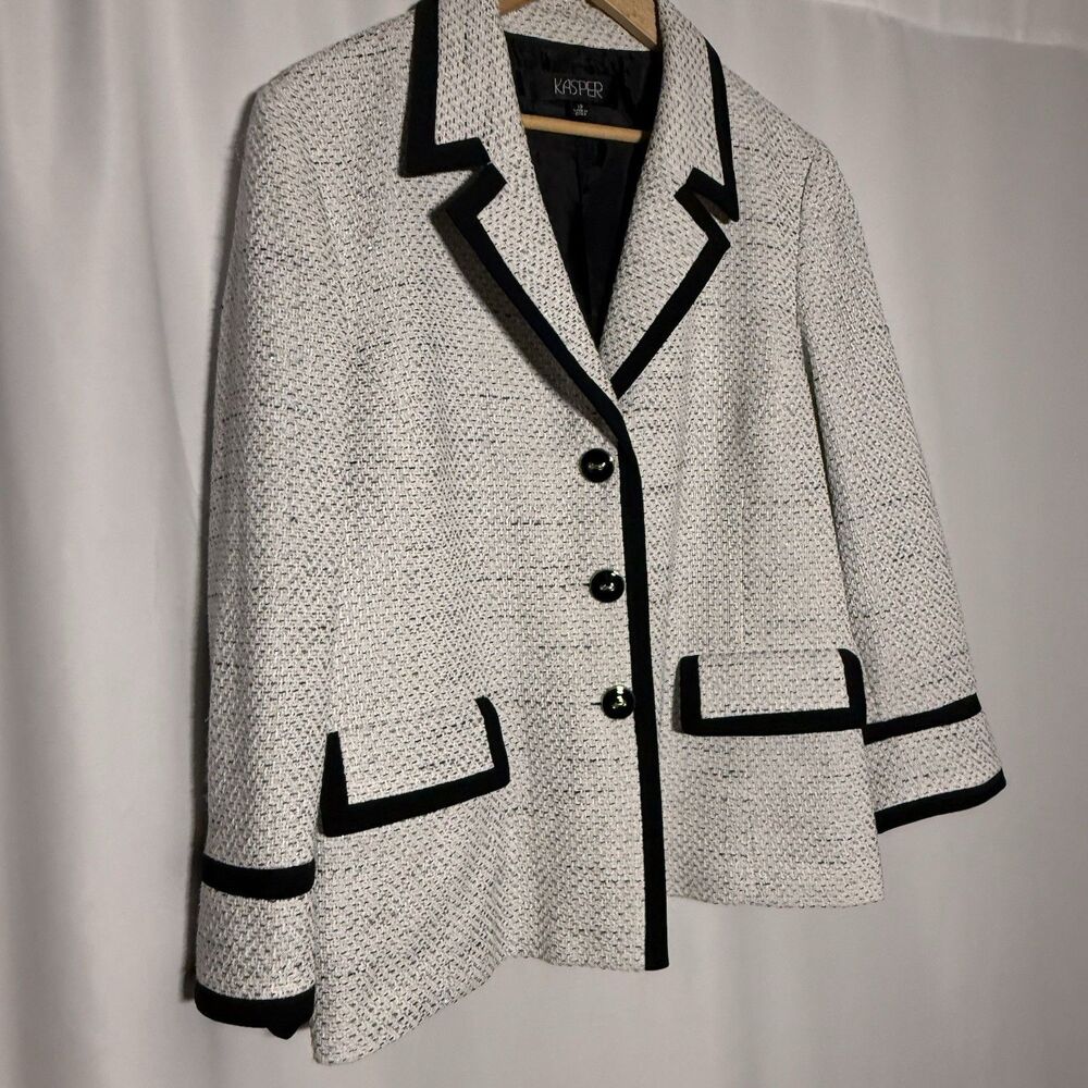 Kasper Tweed Contrast Black White 3 Button Women's Blazer Jacket Plus Size 18 - Picture 9 of 16